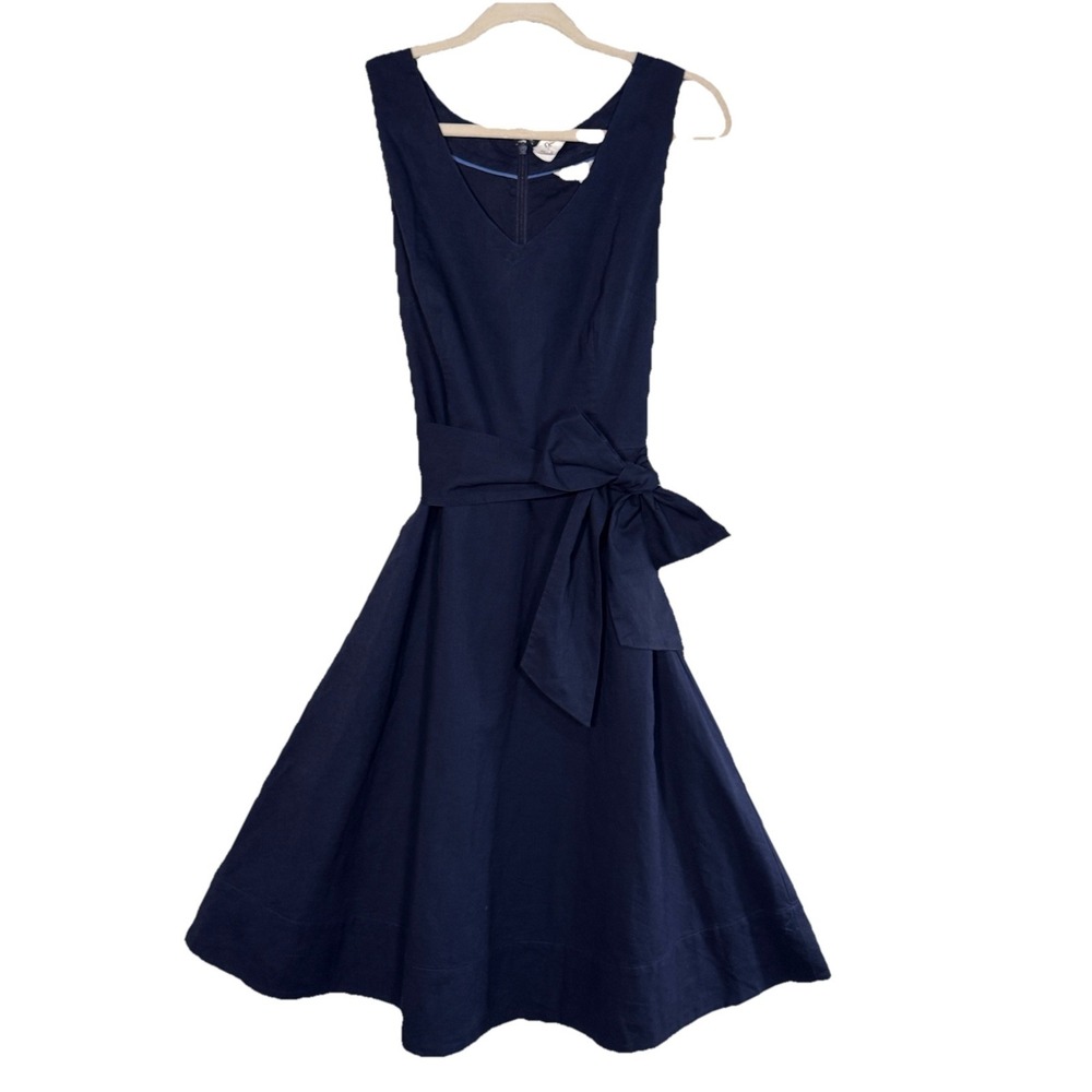 Boden Jade Fit Flare Dress 8R Navy Linen Cotton Blend Belt V Neck Resort Preppy